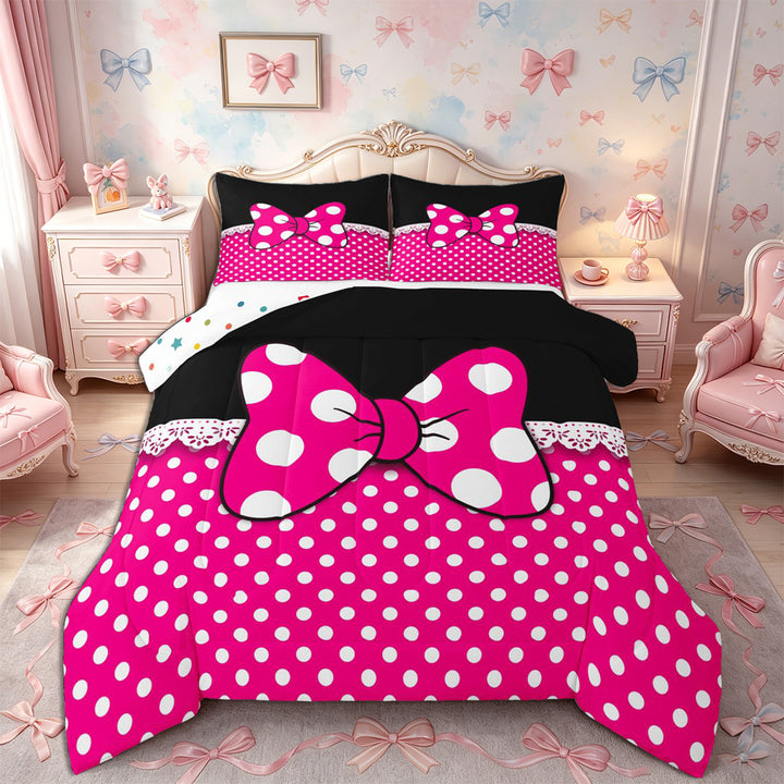 Meiyoeat Bright Polka Dot Print Full Size Comforter Sets 3-Piece, Playful Bow Pattern Bedding Comforter Set, Pink Black White