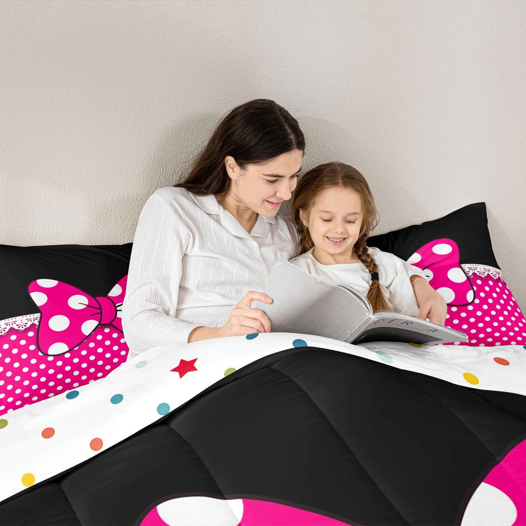 Meiyoeat Bright Polka Dot Print Full Size Comforter Sets 3-Piece, Playful Bow Pattern Bedding Comforter Set, Pink Black White