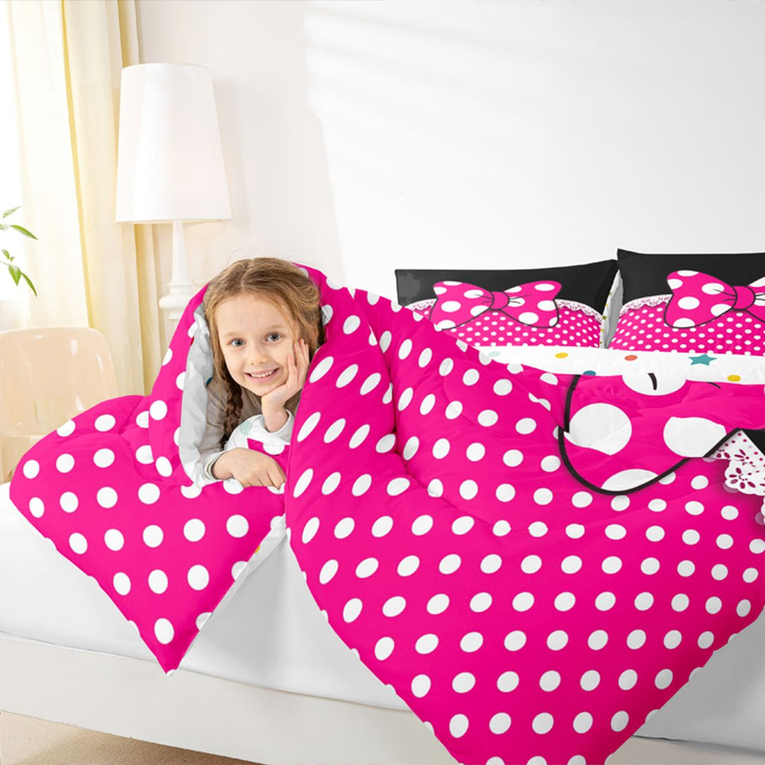 Meiyoeat Bright Polka Dot Print Full Size Comforter Sets 3-Piece, Playful Bow Pattern Bedding Comforter Set, Pink Black White