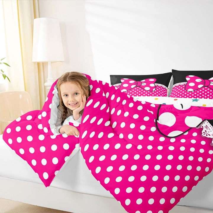 Meiyoeat Bright Polka Dot Print Full Size Comforter Sets 3-Piece, Playful Bow Pattern Bedding Comforter Set, Pink Black White