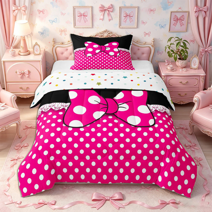 Meiyoeat Bright Polka Dot Print Full Size Comforter Sets 3-Piece, Playful Bow Pattern Bedding Comforter Set, Pink Black White