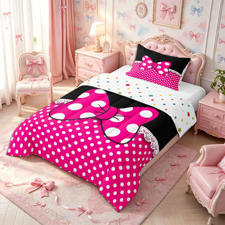Meiyoeat Bright Polka Dot Print Full Size Comforter Sets 3-Piece, Playful Bow Pattern Bedding Comforter Set, Pink Black White