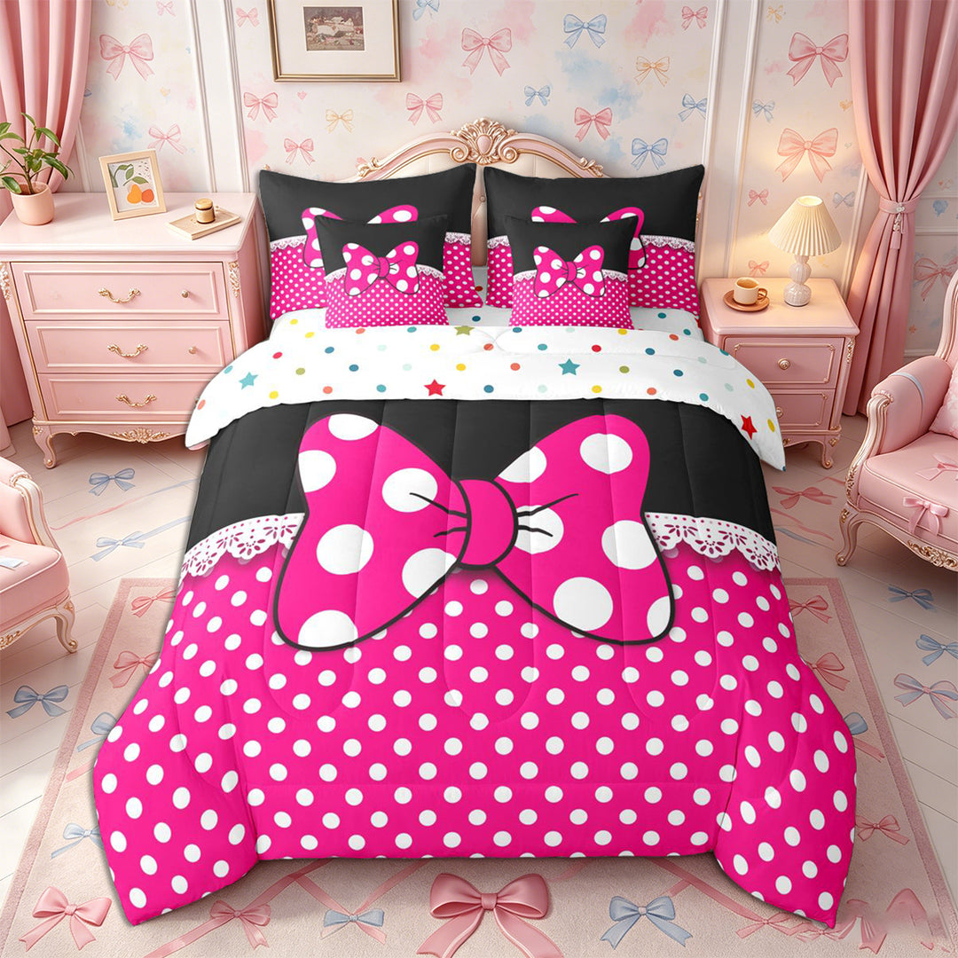 Meiyoeat Bright Polka Dot Print Full Size Bedding Sets 7 Pieces, Playful Bow Pattern Full Size Bed in a Bag, Pink Black White
