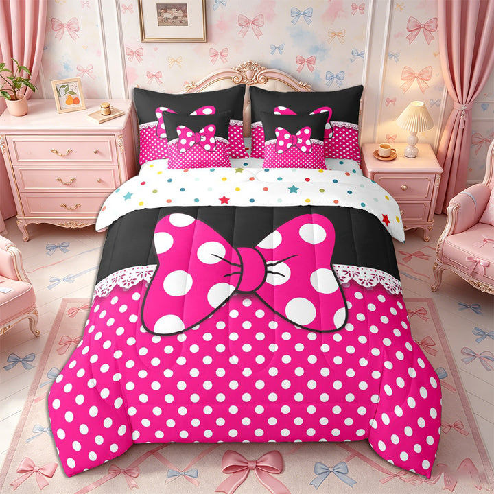 Meiyoeat Bright Polka Dot Print Full Size Bedding Sets 7 Pieces, Playful Bow Pattern Full Size Bed in a Bag, Pink Black White