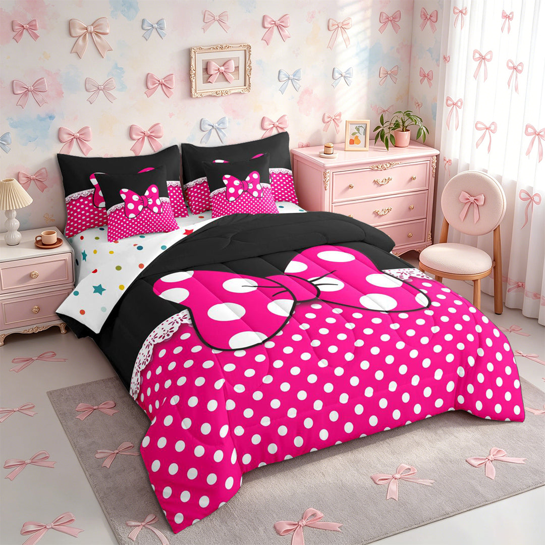 Meiyoeat Bright Polka Dot Print Full Size Bedding Sets 7 Pieces, Playful Bow Pattern Full Size Bed in a Bag, Pink Black White