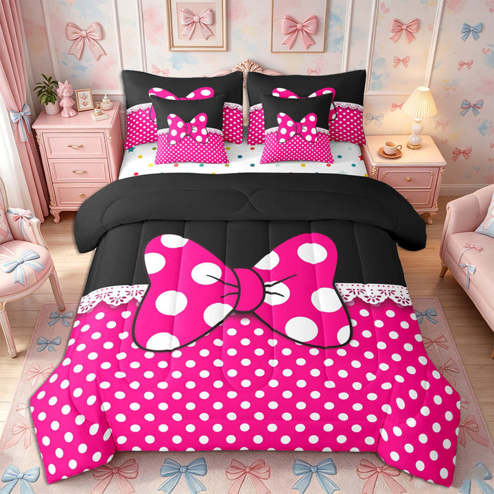 Meiyoeat Bright Polka Dot Print Full Size Bedding Sets 7 Pieces, Playful Bow Pattern Full Size Bed in a Bag, Pink Black White