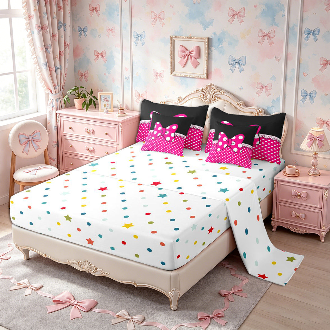 Meiyoeat Bright Polka Dot Print Full Size Bedding Sets 7 Pieces, Playful Bow Pattern Full Size Bed in a Bag, Pink Black White