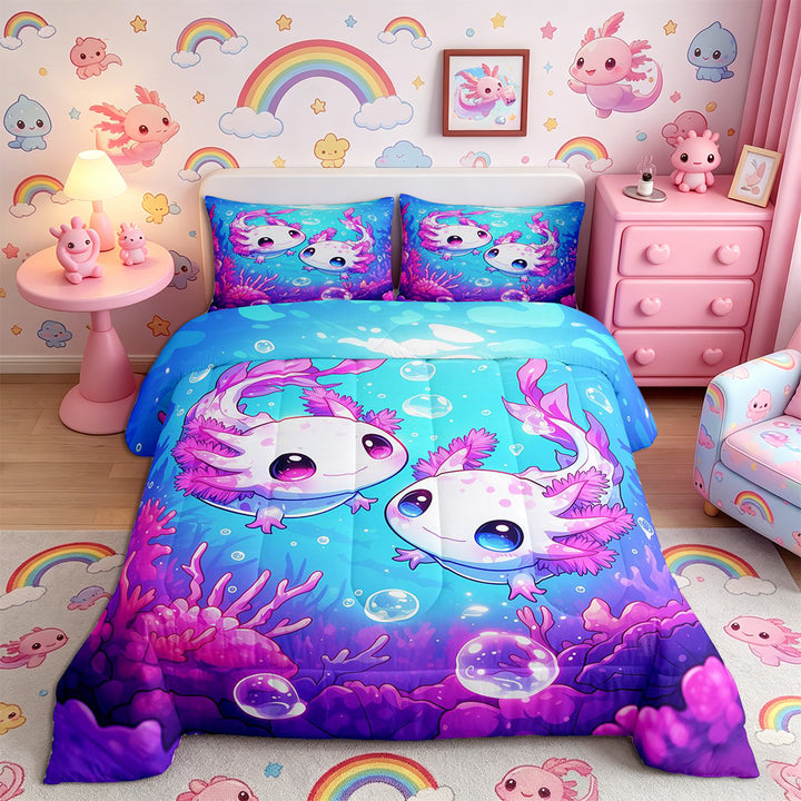 Meiyoeat Kawaii Pink Axolotl Full Size Comforter Sets 3-Piece, Cartoon Sea Salamander Bedding Comforter Set, Blue Purple