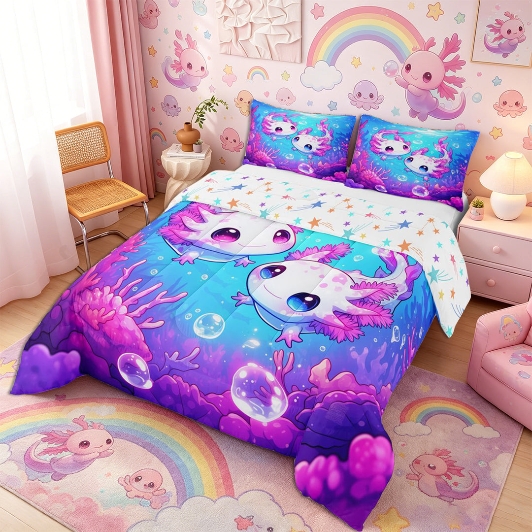 Meiyoeat Kawaii Pink Axolotl Full Size Comforter Sets 3-Piece, Cartoon Sea Salamander Bedding Comforter Set, Blue Purple