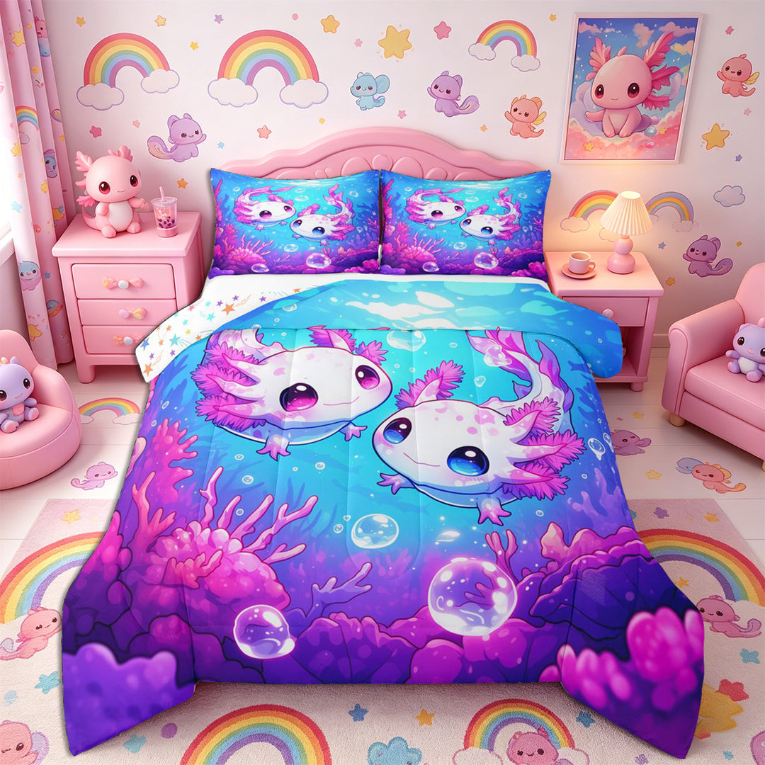Meiyoeat Kawaii Pink Axolotl Full Size Comforter Sets 3-Piece, Cartoon Sea Salamander Bedding Comforter Set, Blue Purple