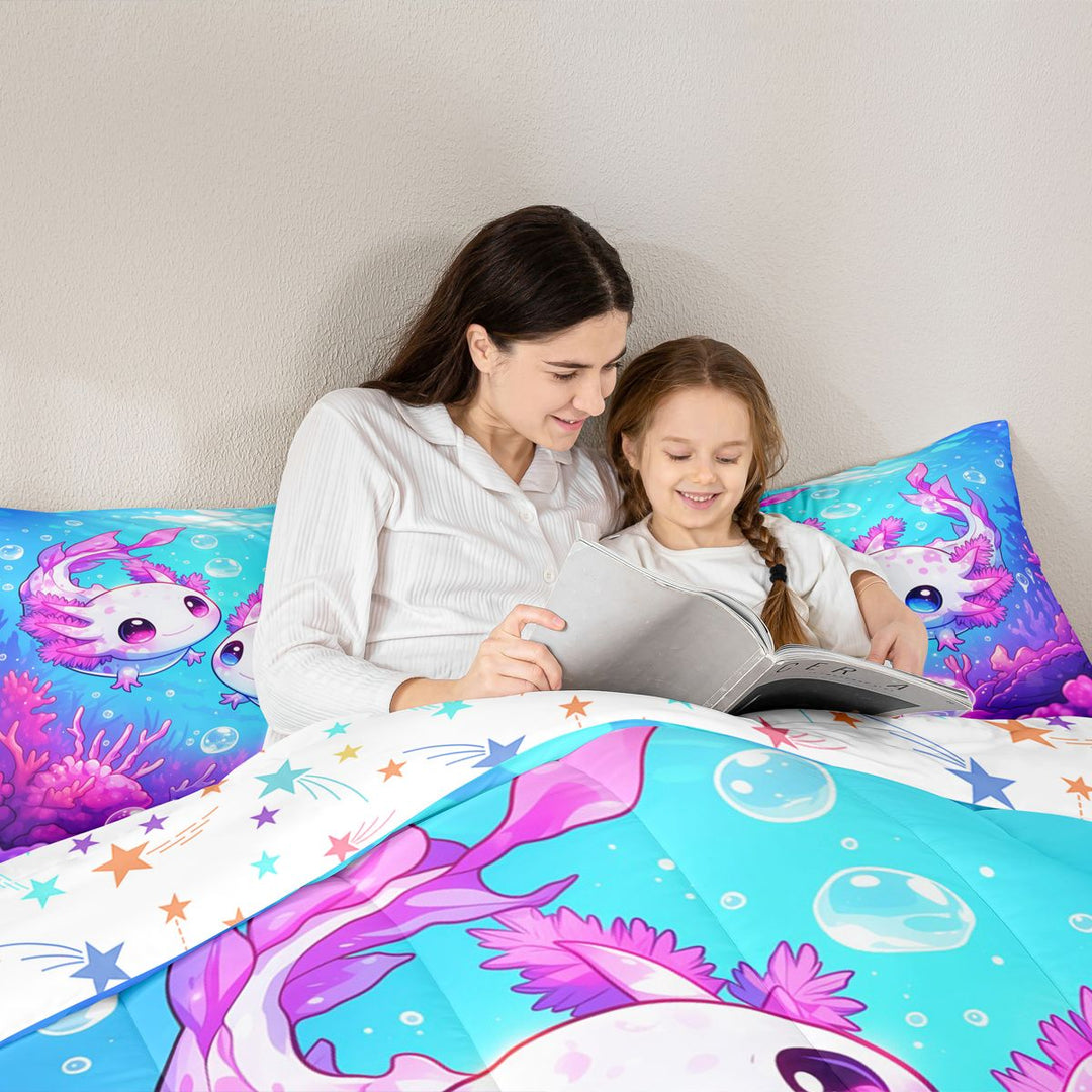 Meiyoeat Kawaii Pink Axolotl Full Size Comforter Sets 3-Piece, Cartoon Sea Salamander Bedding Comforter Set, Blue Purple