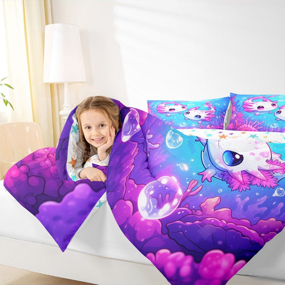 Meiyoeat Kawaii Pink Axolotl Full Size Comforter Sets 3-Piece, Cartoon Sea Salamander Bedding Comforter Set, Blue Purple