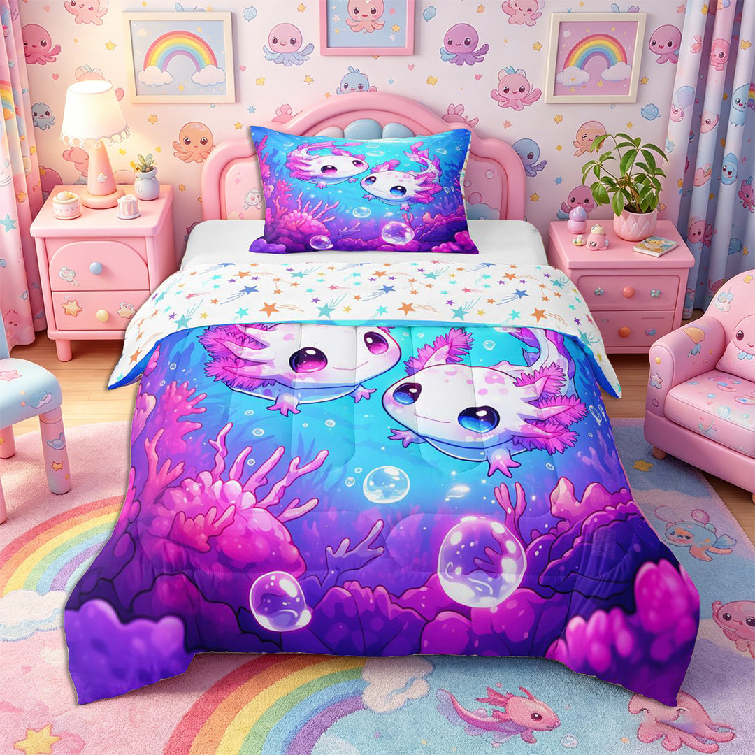 Meiyoeat Kawaii Pink Axolotl Full Size Comforter Sets 3-Piece, Cartoon Sea Salamander Bedding Comforter Set, Blue Purple