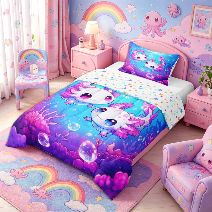 Meiyoeat Kawaii Pink Axolotl Full Size Comforter Sets 3-Piece, Cartoon Sea Salamander Bedding Comforter Set, Blue Purple