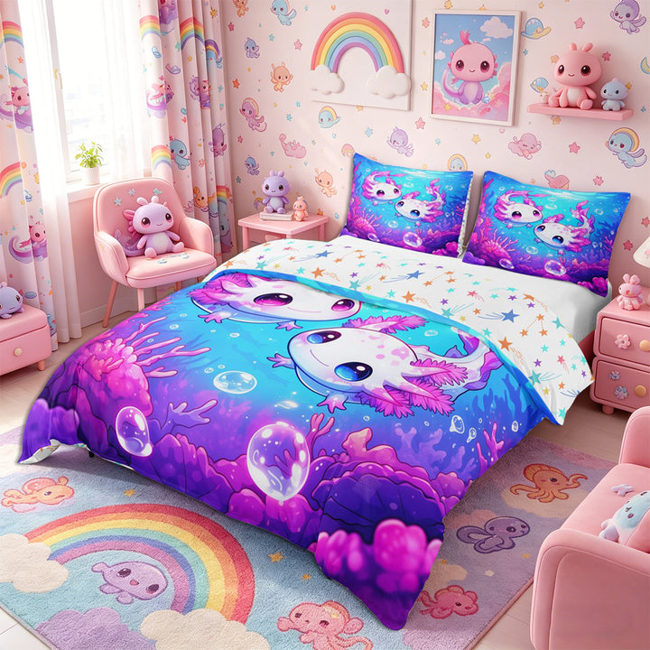 Meiyoeat Kawaii Pink Axolotl Bedding, Cartoon Sea Salamander Duvet Cover Full, Blue Purple,3pcs,No Comforter