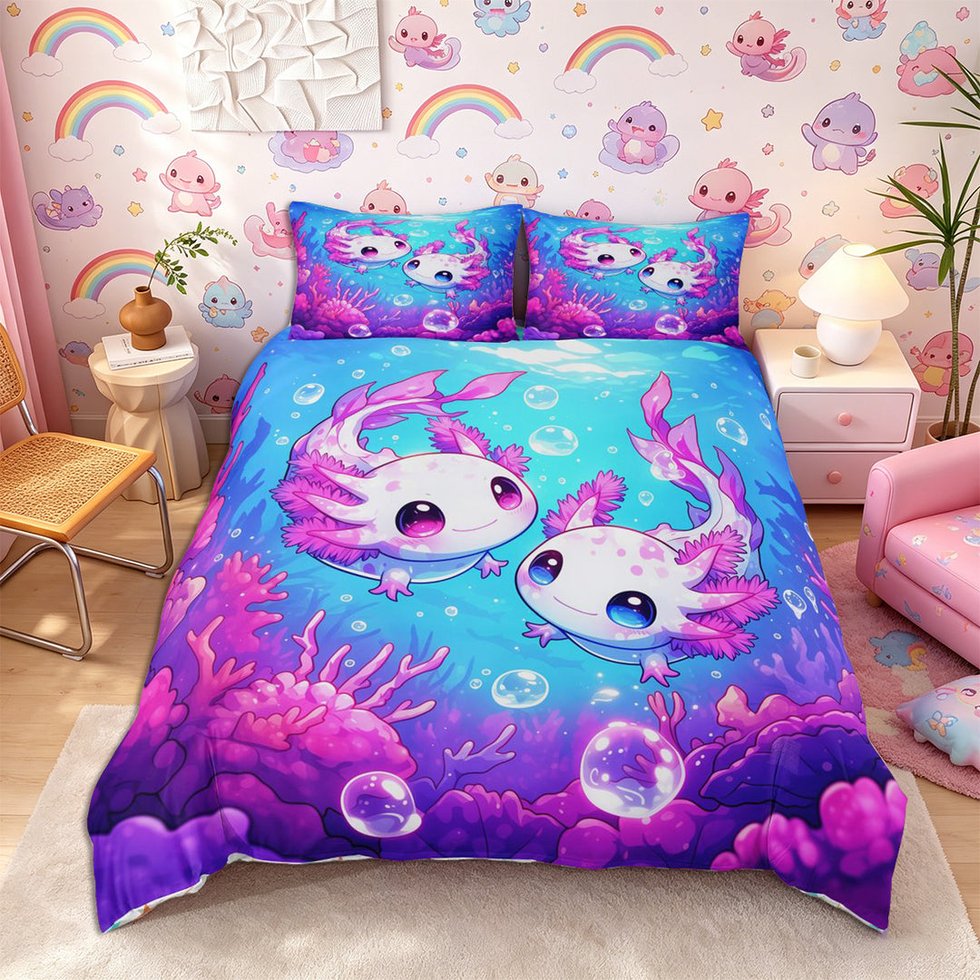 Meiyoeat Kawaii Pink Axolotl Bedding, Cartoon Sea Salamander Duvet Cover Full, Blue Purple,3pcs,No Comforter