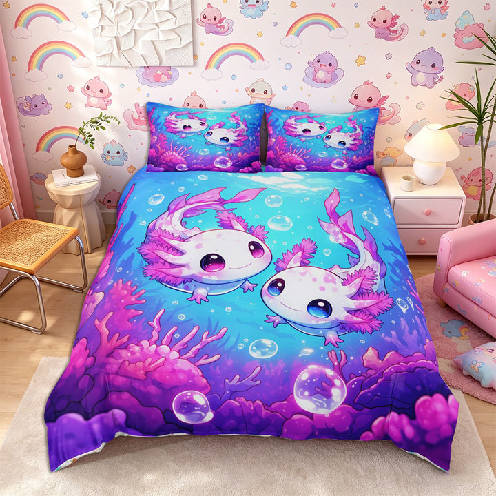 Meiyoeat Kawaii Pink Axolotl Bedding, Cartoon Sea Salamander Duvet Cover Full, Blue Purple,3pcs,No Comforter