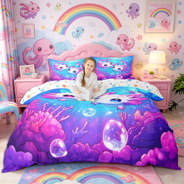 Meiyoeat Kawaii Pink Axolotl Bedding, Cartoon Sea Salamander Duvet Cover Full, Blue Purple,3pcs,No Comforter