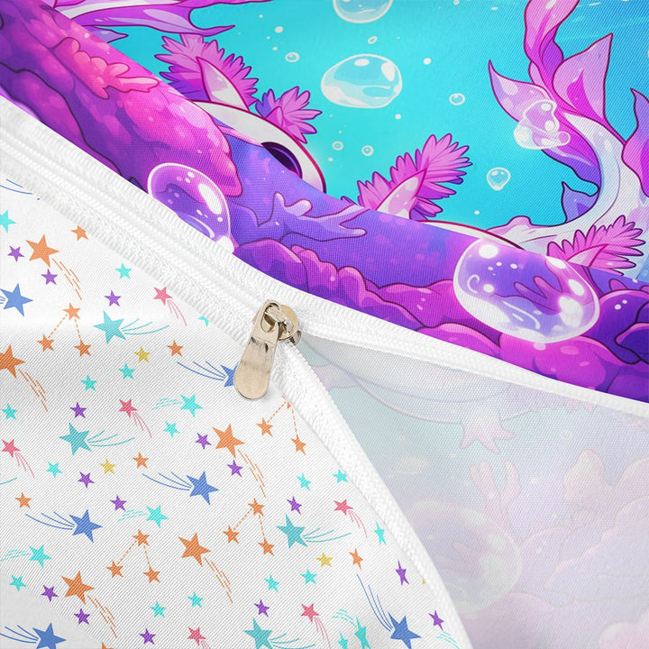 Meiyoeat Kawaii Pink Axolotl Bedding, Cartoon Sea Salamander Duvet Cover Full, Blue Purple,3pcs,No Comforter