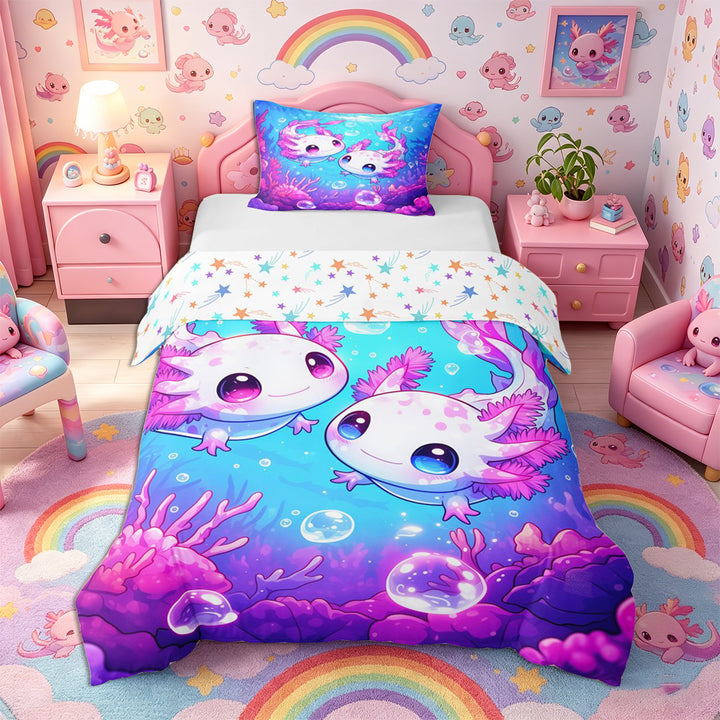 Meiyoeat Kawaii Pink Axolotl Bedding, Cartoon Sea Salamander Duvet Cover Full, Blue Purple,3pcs,No Comforter