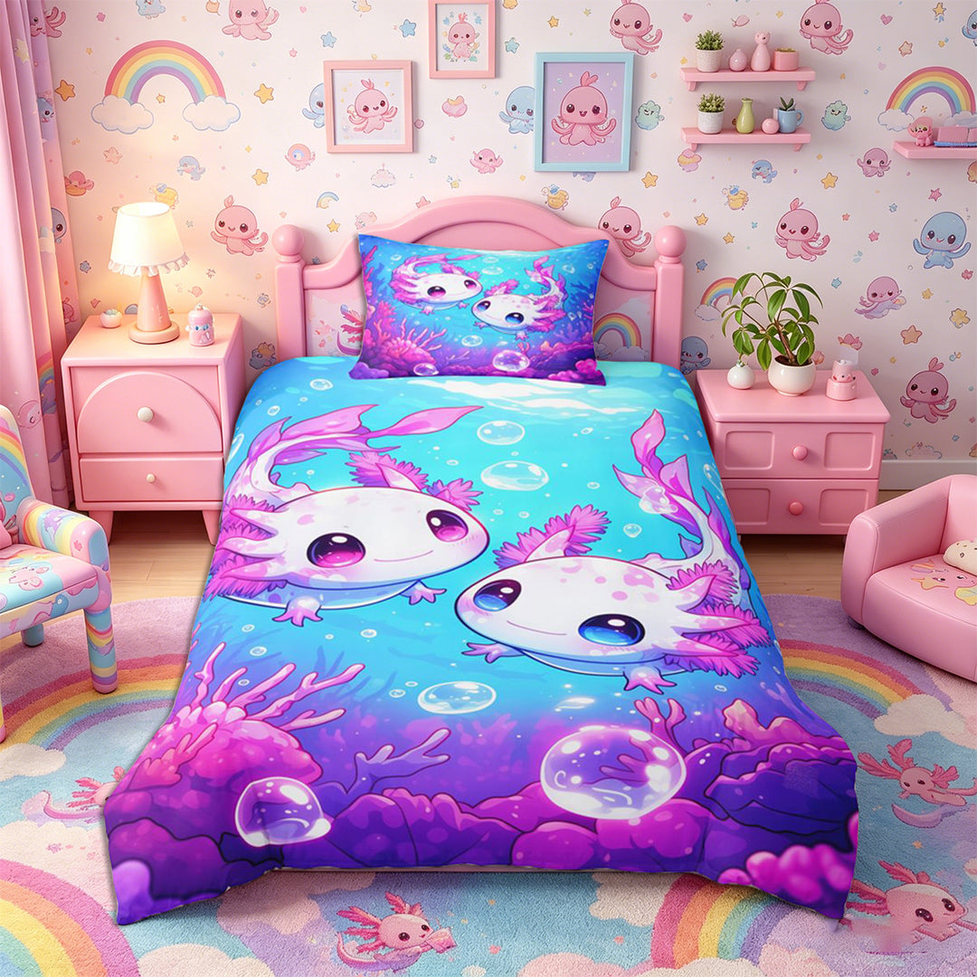 Meiyoeat Kawaii Pink Axolotl Bedding, Cartoon Sea Salamander Duvet Cover Full, Blue Purple,3pcs,No Comforter