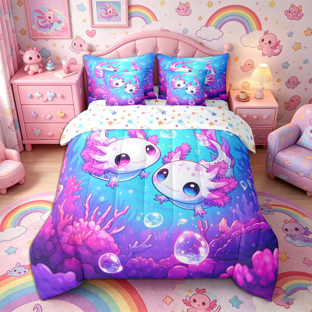 Meiyoeat Kawaii Pink Axolotl Full Size Bedding Sets 7 Pieces, Cartoon Sea Salamander Full Size Bed in a Bag, Blue Purple