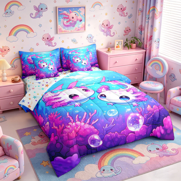 Meiyoeat Kawaii Pink Axolotl Full Size Bedding Sets 7 Pieces, Cartoon Sea Salamander Full Size Bed in a Bag, Blue Purple