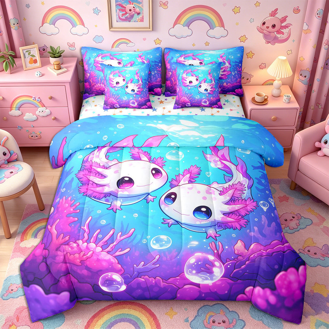 Meiyoeat Kawaii Pink Axolotl Full Size Bedding Sets 7 Pieces, Cartoon Sea Salamander Full Size Bed in a Bag, Blue Purple