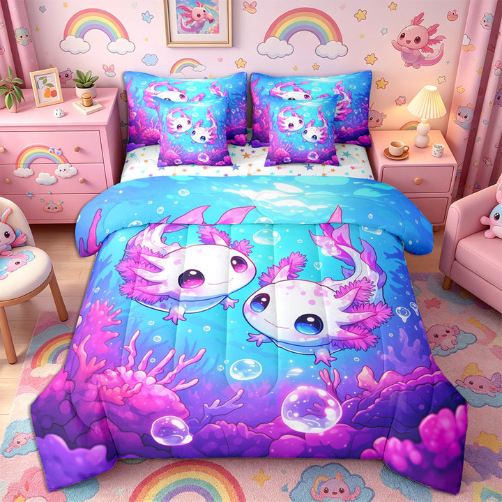 Meiyoeat Kawaii Pink Axolotl Full Size Bedding Sets 7 Pieces, Cartoon Sea Salamander Full Size Bed in a Bag, Blue Purple