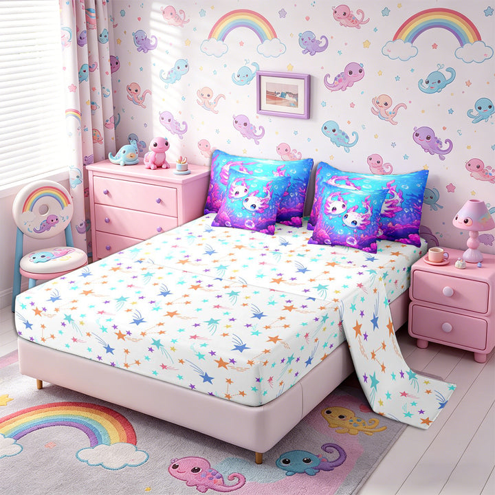 Meiyoeat Kawaii Pink Axolotl Full Size Bedding Sets 7 Pieces, Cartoon Sea Salamander Full Size Bed in a Bag, Blue Purple