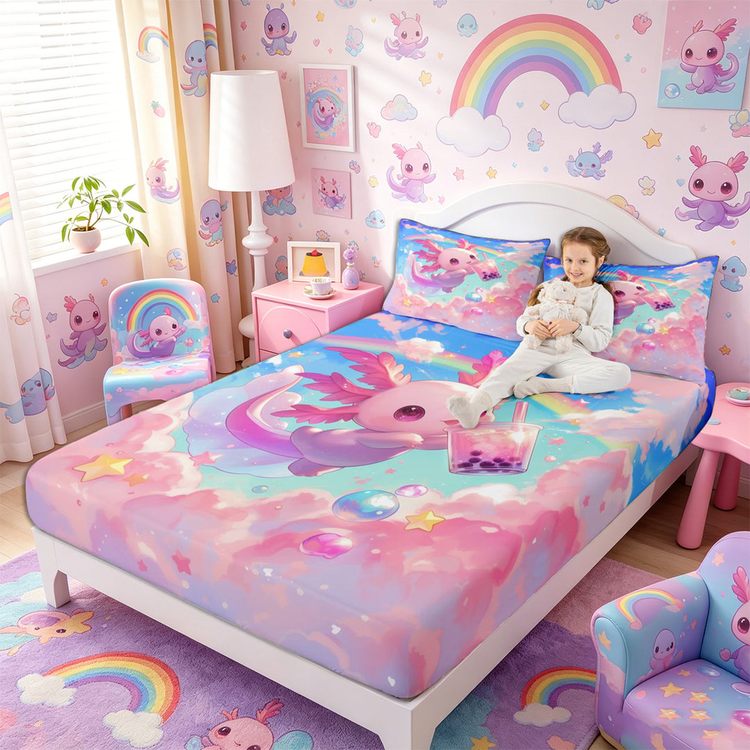 Meiyoeat Kawaii Dreamy Axolotl Bed Sheets 4-Piece, Whimsical Rainbow Cloud Pattern Full Size Sheets, Pink Blue