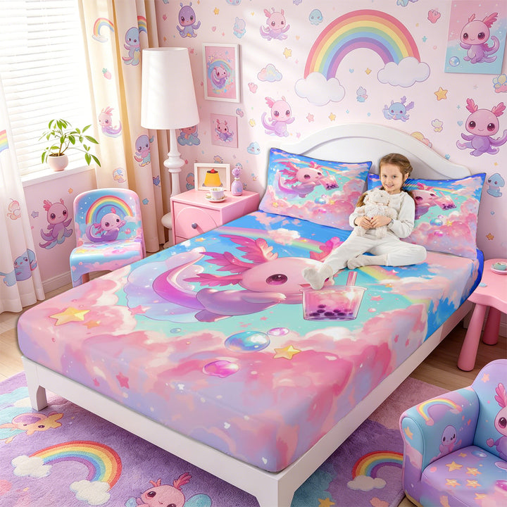 Meiyoeat Kawaii Dreamy Axolotl Bed Sheets 4-Piece, Whimsical Rainbow Cloud Pattern Full Size Sheets, Pink Blue