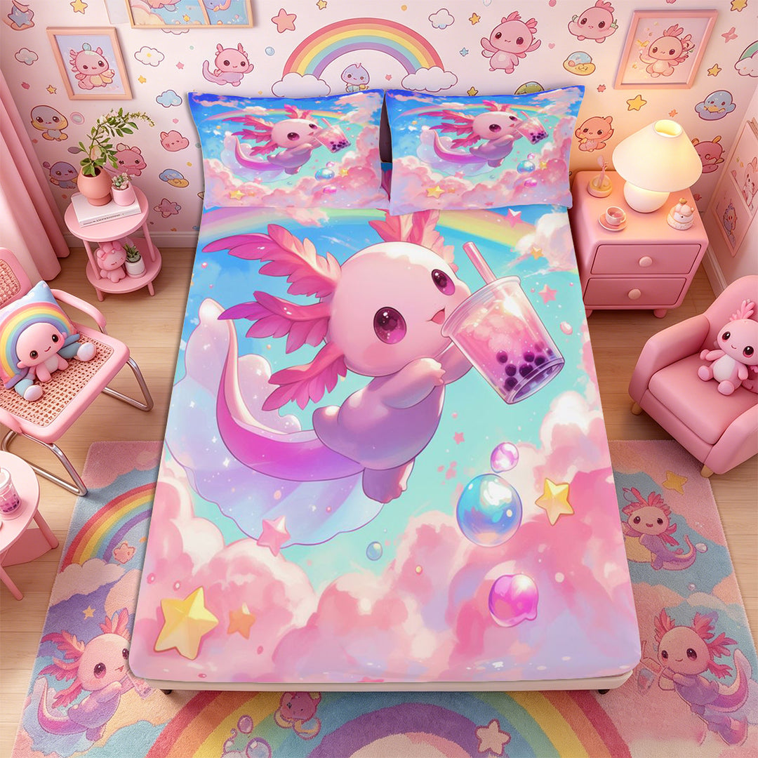 Meiyoeat Kawaii Dreamy Axolotl Bed Sheets 4-Piece, Whimsical Rainbow Cloud Pattern Full Size Sheets, Pink Blue