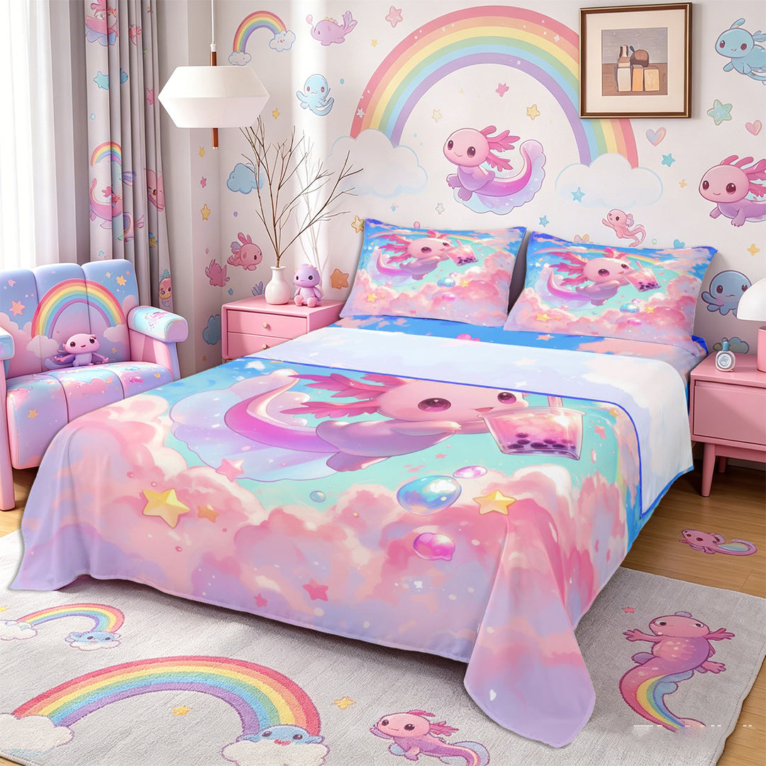 Meiyoeat Kawaii Dreamy Axolotl Bed Sheets 4-Piece, Whimsical Rainbow Cloud Pattern Full Size Sheets, Pink Blue