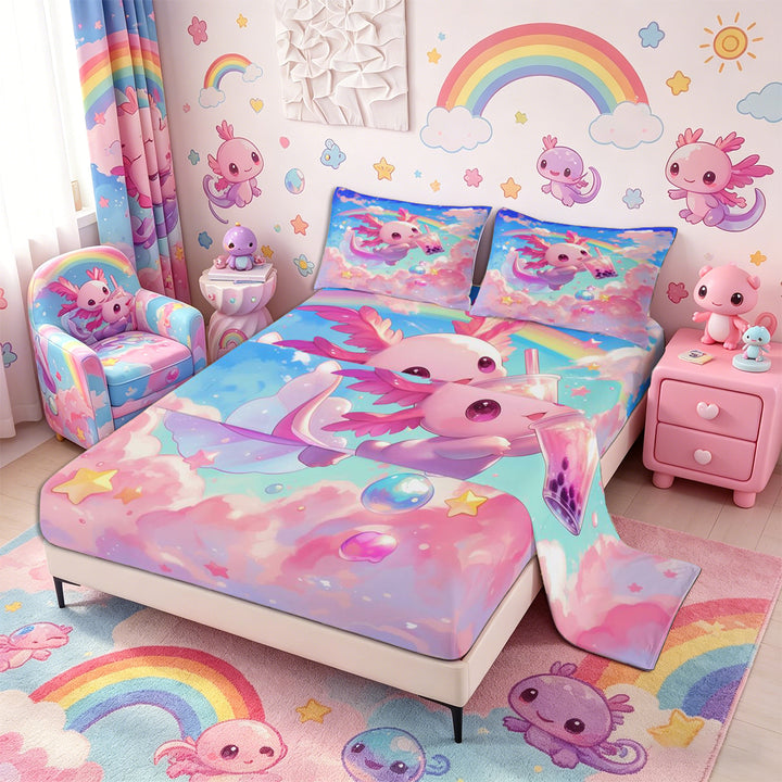 Meiyoeat Kawaii Dreamy Axolotl Bed Sheets 4-Piece, Whimsical Rainbow Cloud Pattern Full Size Sheets, Pink Blue