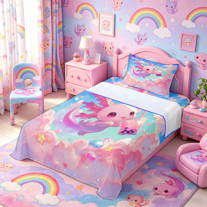 Meiyoeat Kawaii Dreamy Axolotl Bed Sheets 4-Piece, Whimsical Rainbow Cloud Pattern Full Size Sheets, Pink Blue