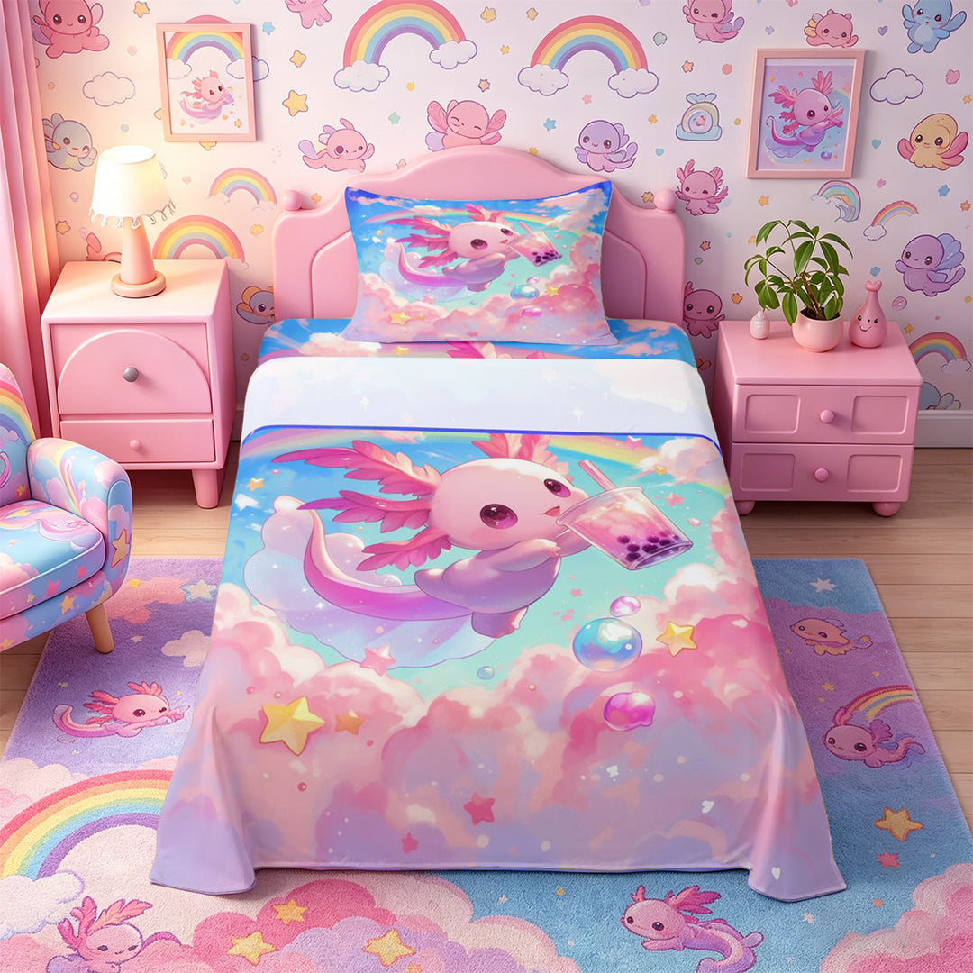 Meiyoeat Kawaii Dreamy Axolotl Bed Sheets 4-Piece, Whimsical Rainbow Cloud Pattern Full Size Sheets, Pink Blue
