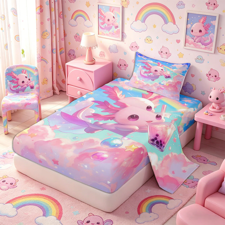 Meiyoeat Kawaii Dreamy Axolotl Bed Sheets 4-Piece, Whimsical Rainbow Cloud Pattern Full Size Sheets, Pink Blue