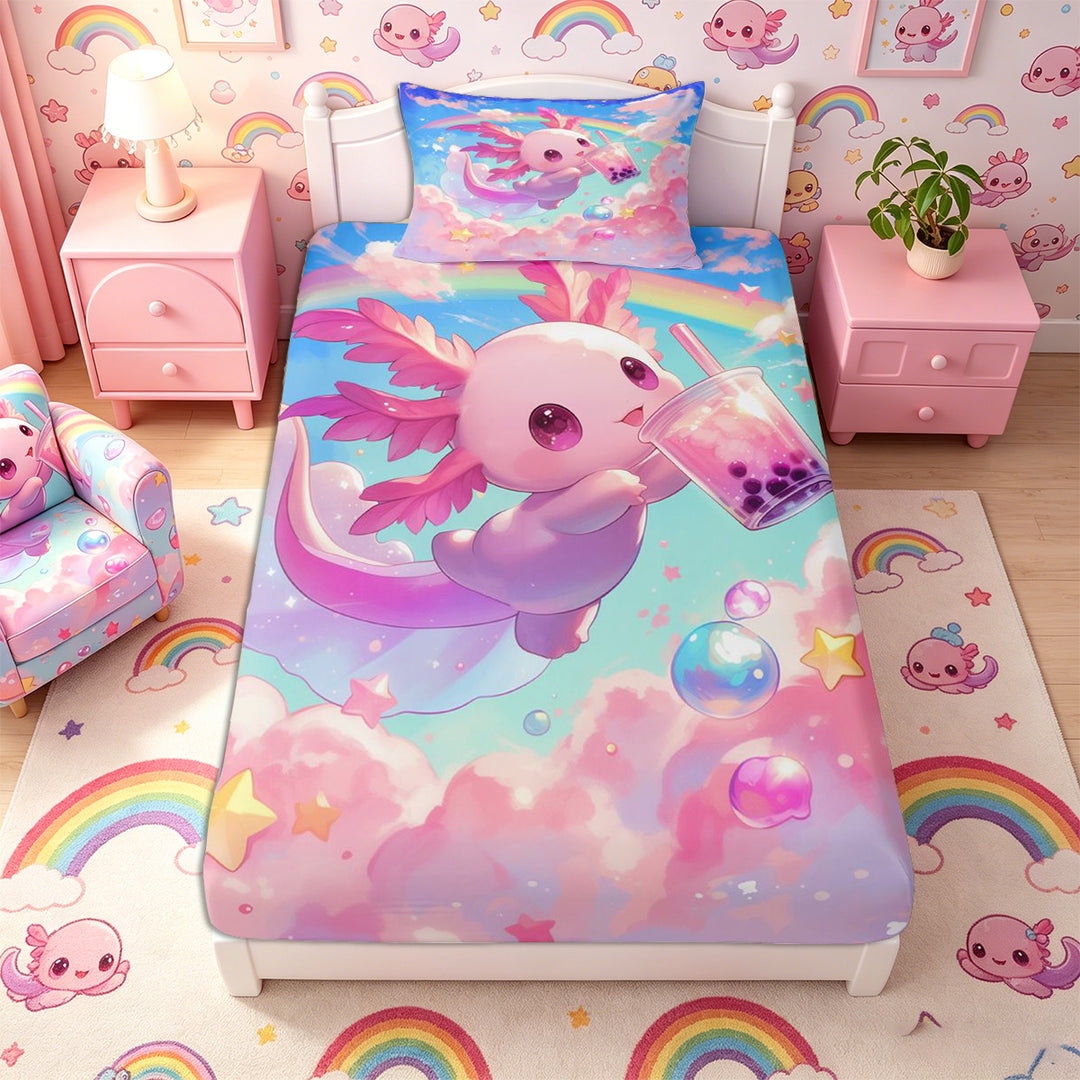 Meiyoeat Kawaii Dreamy Axolotl Bed Sheets 4-Piece, Whimsical Rainbow Cloud Pattern Full Size Sheets, Pink Blue