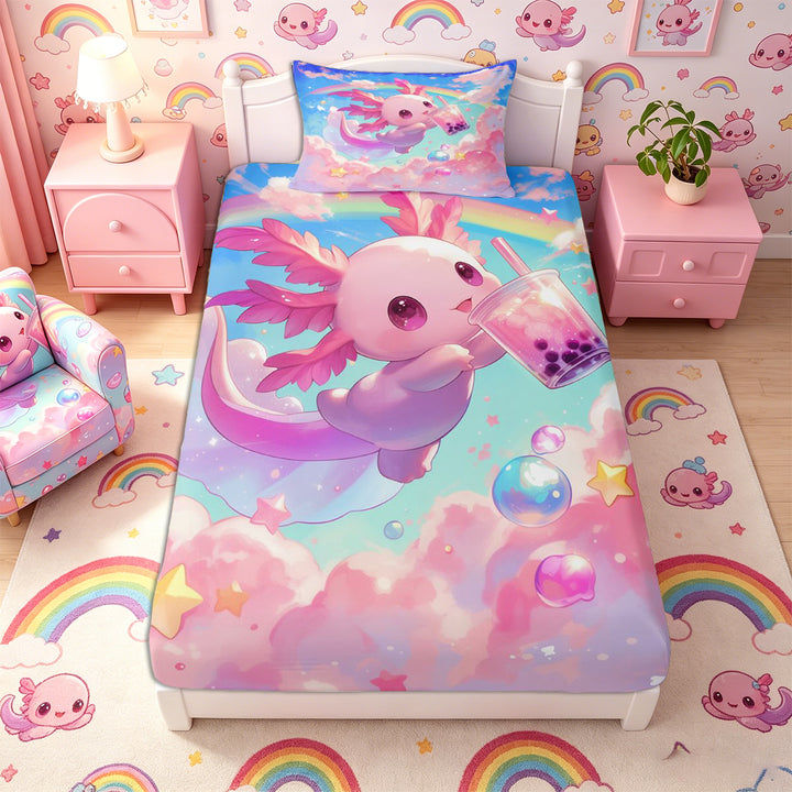 Meiyoeat Kawaii Dreamy Axolotl Bed Sheets 4-Piece, Whimsical Rainbow Cloud Pattern Full Size Sheets, Pink Blue