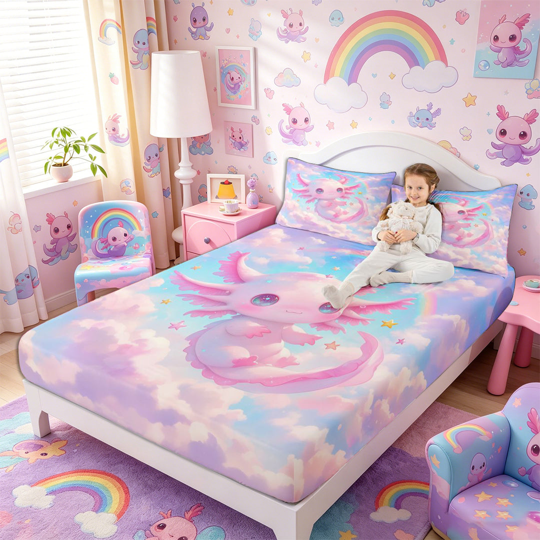Meiyoeat Pink Cartoon Axolotl Bed Sheets 4-Piece, Dreamy Star Cloud Pattern Full Size Sheets