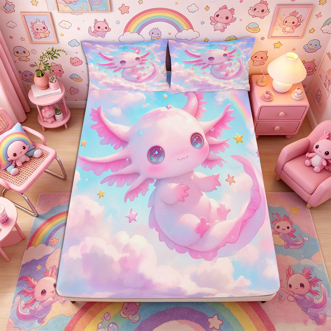 Meiyoeat Pink Cartoon Axolotl Bed Sheets 4-Piece, Dreamy Star Cloud Pattern Full Size Sheets