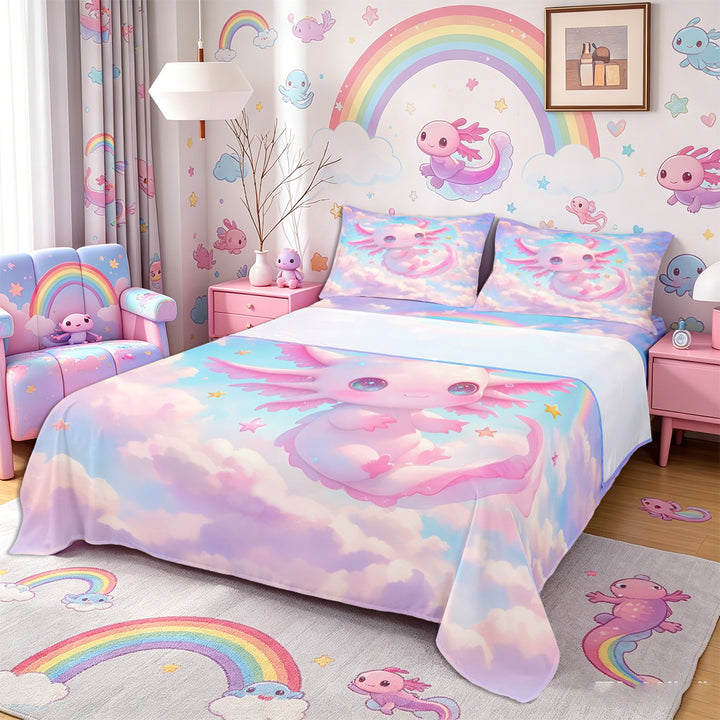 Meiyoeat Pink Cartoon Axolotl Bed Sheets 4-Piece, Dreamy Star Cloud Pattern Full Size Sheets