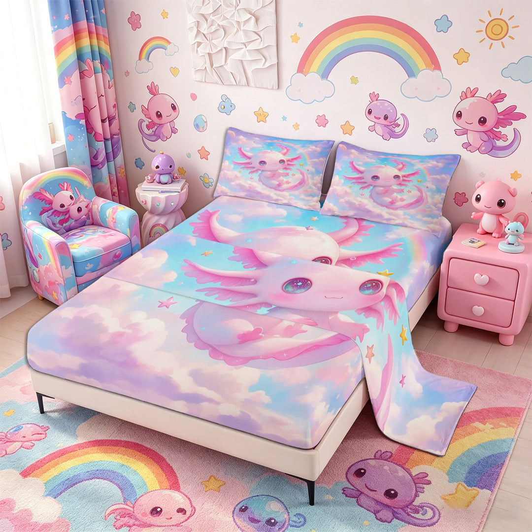 Meiyoeat Pink Cartoon Axolotl Bed Sheets 4-Piece, Dreamy Star Cloud Pattern Full Size Sheets