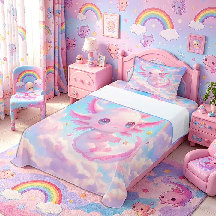 Meiyoeat Pink Cartoon Axolotl Bed Sheets 4-Piece, Dreamy Star Cloud Pattern Full Size Sheets