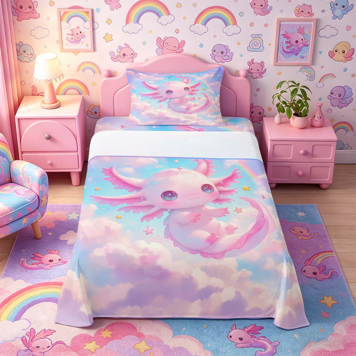 Meiyoeat Pink Cartoon Axolotl Bed Sheets 4-Piece, Dreamy Star Cloud Pattern Full Size Sheets