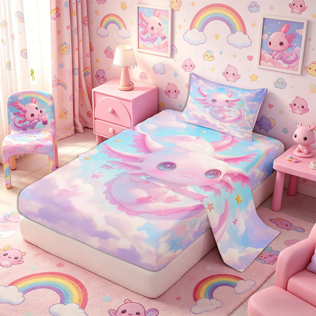 Meiyoeat Pink Cartoon Axolotl Bed Sheets 4-Piece, Dreamy Star Cloud Pattern Full Size Sheets