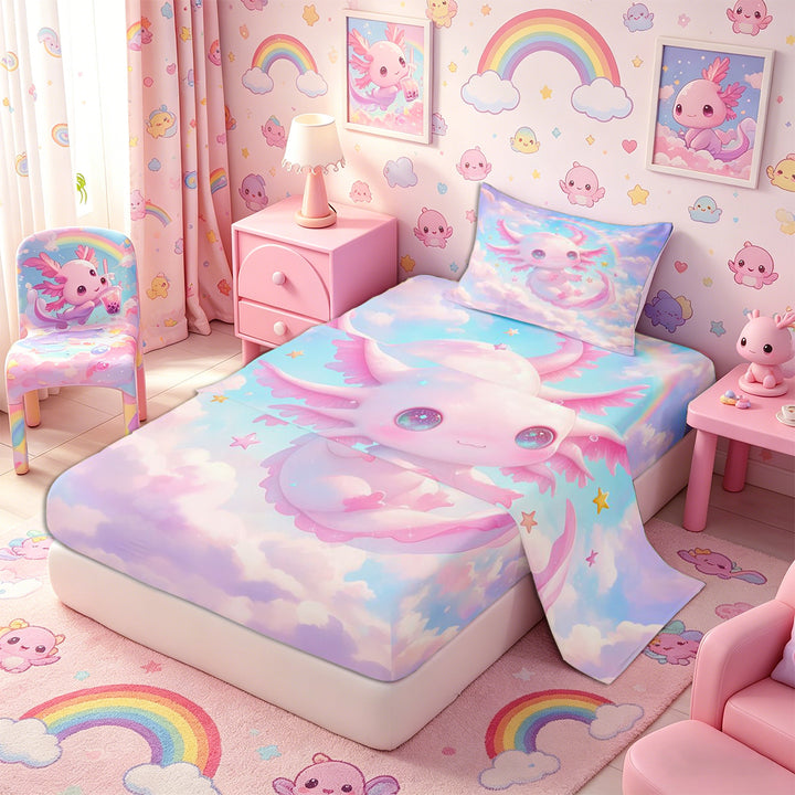 Meiyoeat Pink Cartoon Axolotl Bed Sheets 4-Piece, Dreamy Star Cloud Pattern Full Size Sheets
