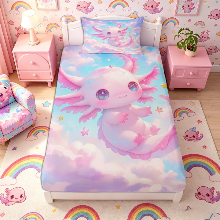 Meiyoeat Pink Cartoon Axolotl Bed Sheets 4-Piece, Dreamy Star Cloud Pattern Full Size Sheets