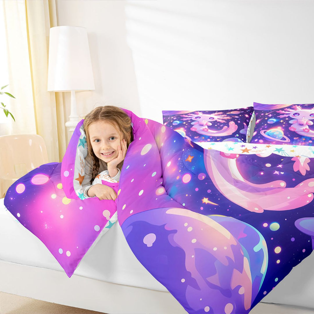 Meiyoeat Cosmic Kawaii Axolotl Full Size Bedding Sets 7 Pieces, Whimsical Galaxy Planet Pattern Full Size Bed in a Bag, Purple Pink